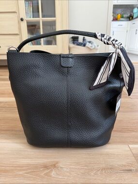 Classic Black Pebbled Shoulder Tote with Knotted Scarf Accent